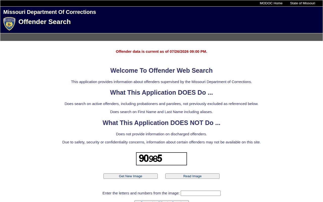 Bollinger County released inmate search fields on Missouri DOC Offender Search