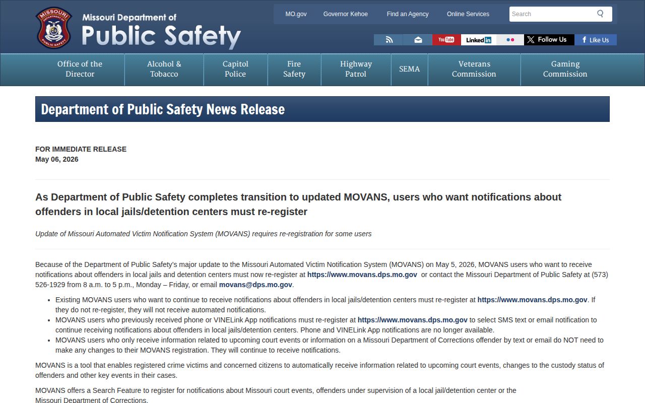May 2026 Missouri MOVANS change for Bollinger County release notifications