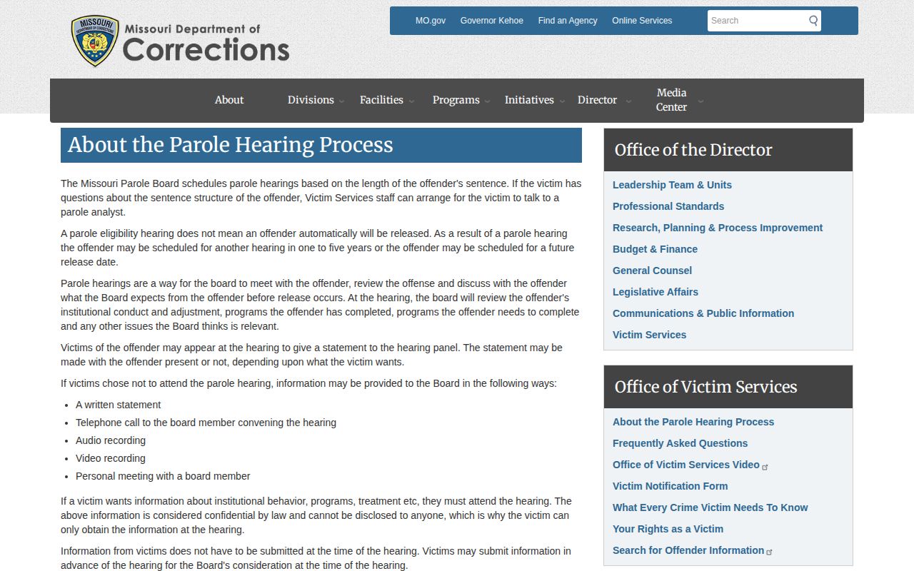 Missouri parole hearing information for Bollinger County supervision records